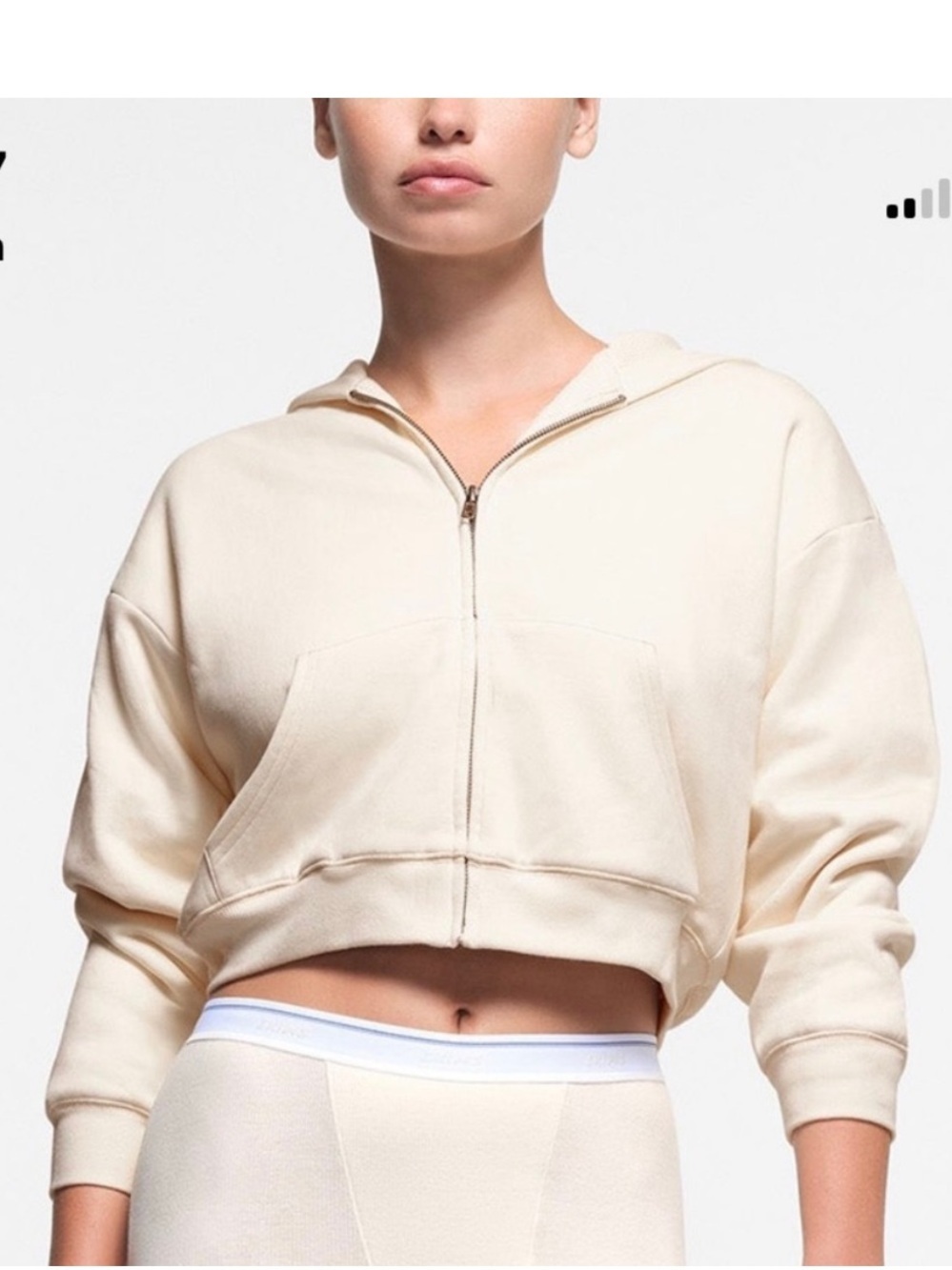 NWT SKIMS Cotton Fleece Waffle Lined Shrunken Zip Up Hoodie Cream Size XS